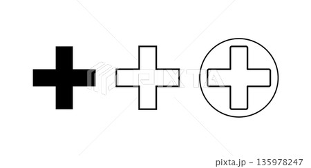 Black Plus, Outline Plus, and Circle Emblem Plus Sign Icon. Black Plus, Outline Plus, and Circle Emblem Plus Sign Icon. 135978247
