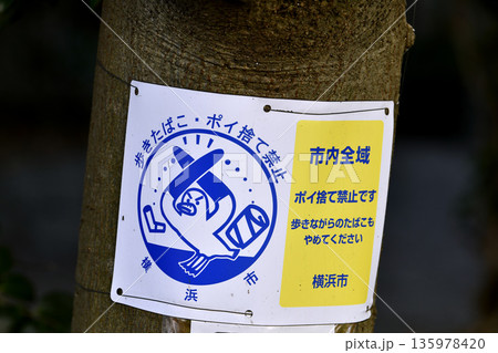 日本の横浜都市景観 禁止「歩きたばこ・ポイ捨て禁止」市内全域…など　高齢者のポイ捨て増加…＝横浜市内 135978420