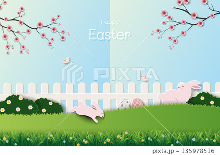 Happy Easter greeting card,Blooming flowers with cute rabbits and easter eggs on spring garden 135978516