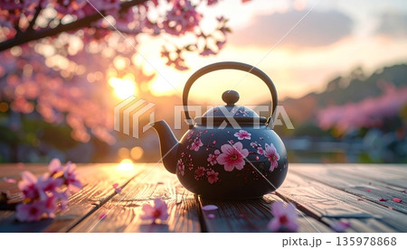 A close-up image of vibrant pink flowers and fresh green tea in a white teacup with a saucer, placed on a table. A close-up image of vibrant pink flowers and fresh green tea in a white teacup with a saucer, placed on a table. 135978868
