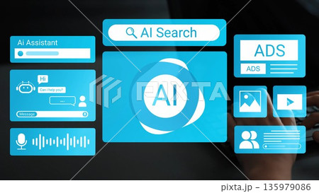 Modern Digital Interface Featuring AI Assistant, Search Function, and Information Panels in Vibrant Blue Shades for Technology and Futuristic Concepts Gluon 135979086