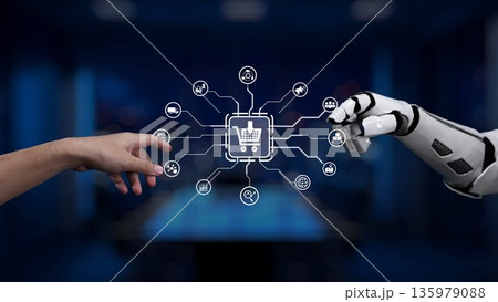 Human and Robot Hands Interacting with Digital Shopping Interface, Symbolizing the Fusion of Technology and E-commerce Innovations for Modern Consumers Synapse Human and Robot Hands Interacting with Digital Shopping Interface, Symbolizing the Fusion of Technology and E-commerce Innovations for Modern Consumers Synapse 135979088