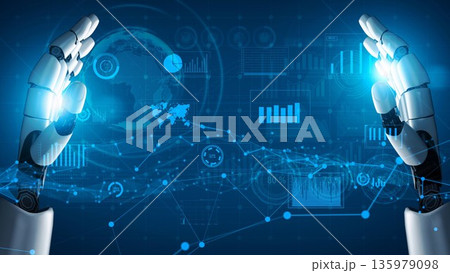 Futuristic Robotic Hands Gesturing Towards Digital Data Visualization and Analytics with Global Connectivity in Background xenic Futuristic Robotic Hands Gesturing Towards Digital Data Visualization and Analytics with Global Connectivity in Background xenic 135979098