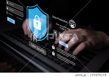 Digital Cyber Security Concept with Hands Typing on Laptop and Virtual Security Icons for Online Protection and Data Safety Representation Gantry 135979119