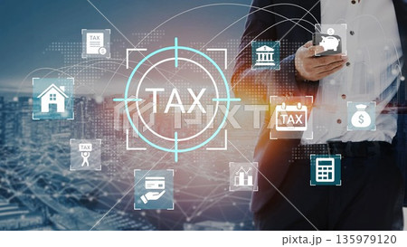 Businessman Holding Smartphone with Tax Icons, Financial Data, and Cityscape Background in Modern Digital Concept for Taxation and Finance Gluon 135979120