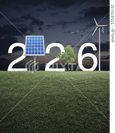Happy new year 2026 green ecology and saving energy concept 135979132