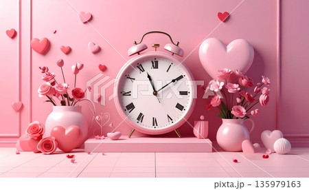 A romantic Valentine's Day illustration featuring a heart-shaped clock surrounded by pink roses and other flowers. 135979163