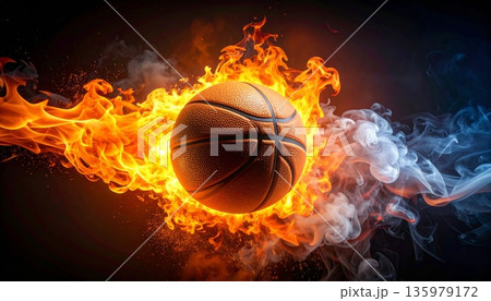 An image of a basketball engulfed in orange flames and smoke. An image of a basketball engulfed in orange flames and smoke. 135979172
