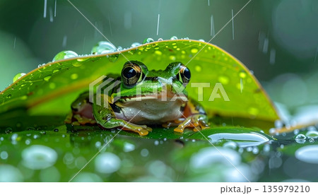 A cute little green tree frog is sitting on a leaf in the pond. 135979210