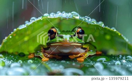 A cute little green tree frog is sitting on a leaf in the pond. 135979211