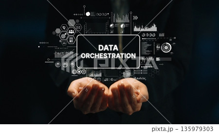 Hands Holding Visual Representation of Data Orchestration Concept in a Digital Environment. Asymptotic smart data analytic Hands Holding Visual Representation of Data Orchestration Concept in a Digital Environment. Asymptotic smart data analytic 135979303