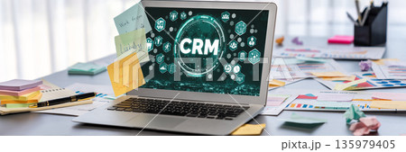 Sticky note for creative and analytic brainstorm with BI data on laptop. Prodigy Sticky note for creative and analytic brainstorm with BI data on laptop. Prodigy 135979405