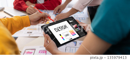 Graphic designer software for modern design of web page and commercial brisk ads 135979413