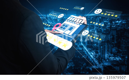 Digital interface with user reviewing business and providing feedback ratings in a futuristic cityscape environment focused on customer satisfaction and interactions Gantry 135979507