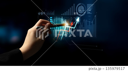 Digital Financial Graph Analysis with Hand Holding Pen, Business Growth Concept, Charts and Statistics Displayed on Screen for Financial Reports Scalp 135979517