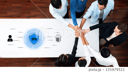 Diverse group of professionals working together on virtual private network concept in modern office setting with digital graphics overlay Trope Diverse group of professionals working together on virtual private network concept in modern office setting with digital graphics overlay Trope 135979521