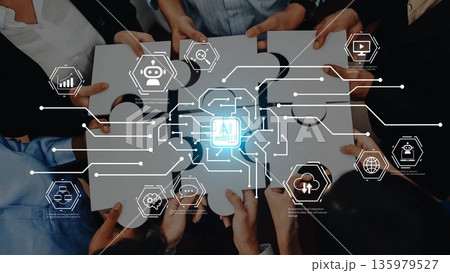 Diverse group of professionals collaborating on artificial intelligence concept with puzzle pieces and technology icons representing teamwork and innovation Gluon Diverse group of professionals collaborating on artificial intelligence concept with puzzle pieces and technology icons representing teamwork and innovation Gluon 135979527