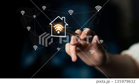 Modern Technology Concept of Smart Home Automation with Wireless Connectivity and Internet Access in Global Digital Network Gantry Modern Technology Concept of Smart Home Automation with Wireless Connectivity and Internet Access in Global Digital Network Gantry 135979632
