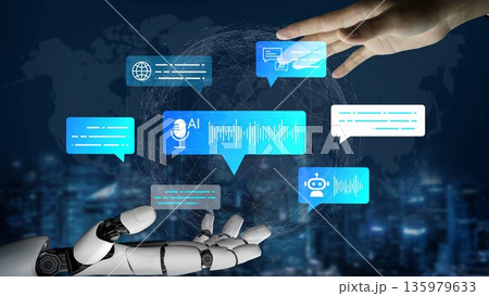 Futuristic robot hand interacting with digital communication interface, showcasing AI technology and modern innovation in a global network environment Gluon 135979633