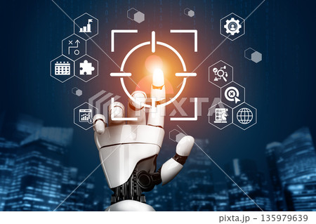 Futuristic Robot Hand Reaching Toward Target with Digital Icons Representing Technology, Data, Business, and Innovation in Urban Environment Gantry 135979639