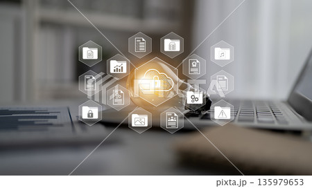 Cloud Computing Security Concept with Lock and Document Icons on Modern Laptop Display for Data Protection and Digital Innovation in Work Environment Gantry Cloud Computing Security Concept with Lock and Document Icons on Modern Laptop Display for Data Protection and Digital Innovation in Work Environment Gantry 135979653