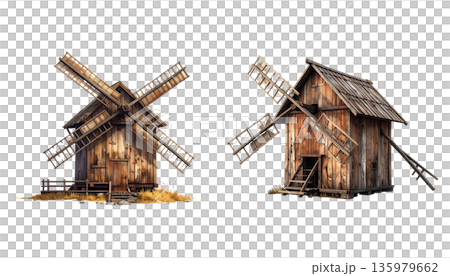 An old wooden windmill is abandoned on a grassy hill in the countryside against a white background. 135979662
