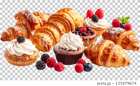 Freshly baked bread and delicious croissants are arranged in a bread basket against a white background. Freshly baked bread and delicious croissants are arranged in a bread basket against a white background. 135979674