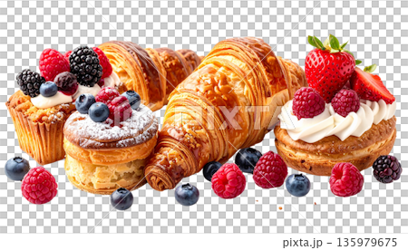 Freshly baked bread and delicious croissants are arranged in a bread basket against a white background. Freshly baked bread and delicious croissants are arranged in a bread basket against a white background. 135979675