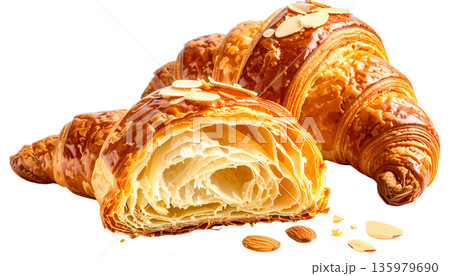 Freshly baked bread and delicious croissants are arranged in a bread basket against a white background. Freshly baked bread and delicious croissants are arranged in a bread basket against a white background. 135979690