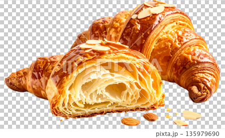 Freshly baked bread and delicious croissants are arranged in a bread basket against a white background. Freshly baked bread and delicious croissants are arranged in a bread basket against a white background. 135979690