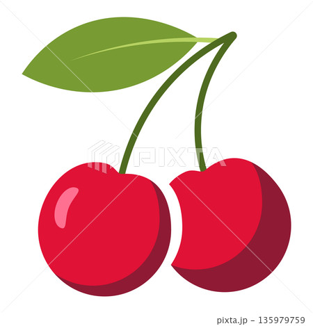 Two ripe red cherries on a stem with a green leaf, simple flat illustration style Two ripe red cherries on a stem with a green leaf, simple flat illustration style 135979759