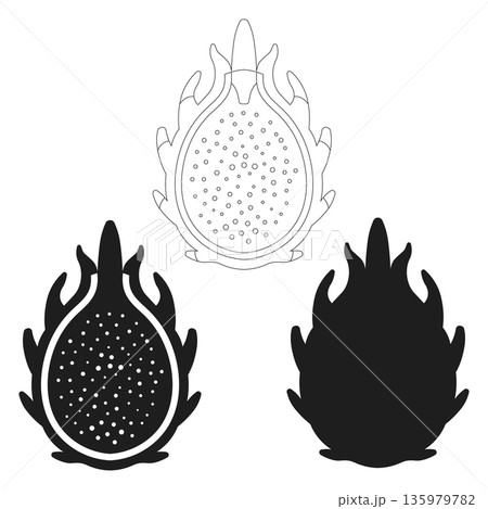 Dragon Fruit Outline and Silhouette Vector Collection for Healthy Food Design Elements 135979782