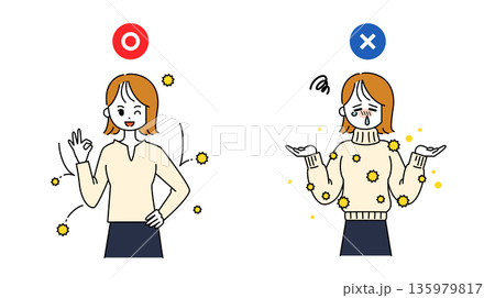 花粉症対策ができる服の選び方を説明する若い女性のイラスト 花粉症対策ができる服の選び方を説明する若い女性のイラスト 135979817