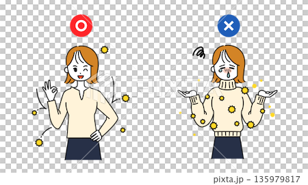 花粉症対策ができる服の選び方を説明する若い女性のイラスト 花粉症対策ができる服の選び方を説明する若い女性のイラスト 135979817