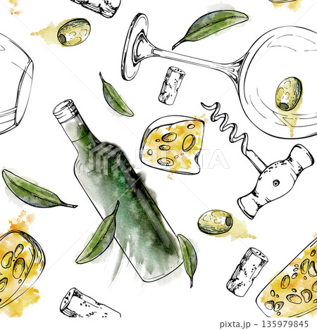 Wine drinking accessories. Bottle, round glass, cheese, olive fruit and leaves, corkscrew. Seamless pattern hand drawn in ink and watercolor for fabric, kitchen decor, wallpaper, boutique interior 135979845