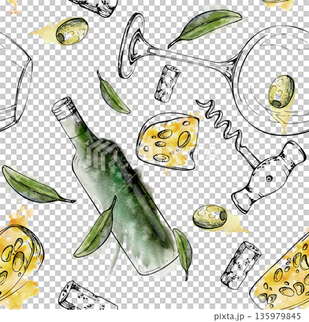 Wine drinking accessories. Bottle, round glass, cheese, olive fruit and leaves, corkscrew. Seamless pattern hand drawn in ink and watercolor for fabric, kitchen decor, wallpaper, boutique interior 135979845