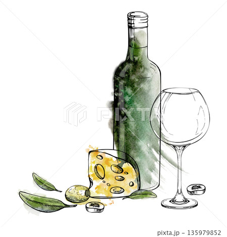 Wine bottle, empty balloon glass, artisan cheese and olive fruits, leaves and slices. Isolated illustration hand drawn in watercolor and ink for restaurant graphics, foodie blogs, boutique label work. 135979852