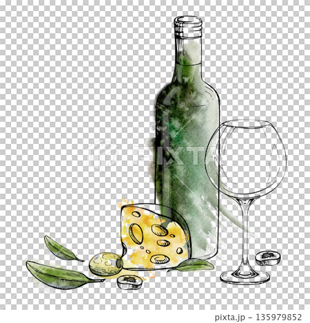 Wine bottle, empty balloon glass, artisan cheese and olive fruits, leaves and slices. Isolated illustration hand drawn in watercolor and ink for restaurant graphics, foodie blogs, boutique label work. 135979852