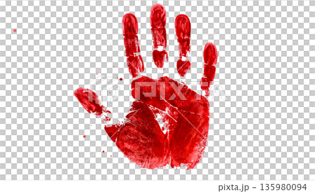 A smudged red handprint shows a palm print.A smudged red handprint shows a palm print. A smudged red handprint shows a palm print.A smudged red handprint shows a palm print. 135980094