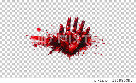 A smudged red handprint shows a palm print.A smudged red handprint shows a palm print. A smudged red handprint shows a palm print.A smudged red handprint shows a palm print. 135980096