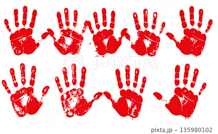 A smudged red handprint shows a palm print.A smudged red handprint shows a palm print. A smudged red handprint shows a palm print.A smudged red handprint shows a palm print. 135980102