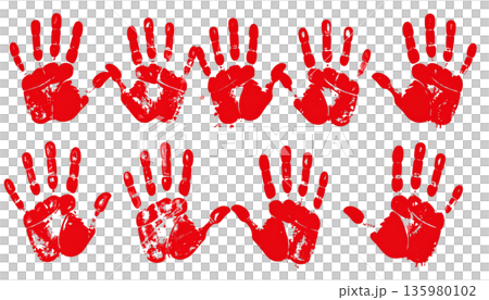 A smudged red handprint shows a palm print.A smudged red handprint shows a palm print. A smudged red handprint shows a palm print.A smudged red handprint shows a palm print. 135980102