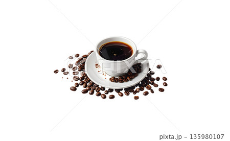 A cup of hot black coffee, topped with roasted coffee beans, on a white saucer. 135980107