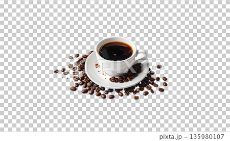 A cup of hot black coffee, topped with roasted coffee beans, on a white saucer. 135980107