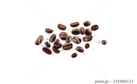Dry-roasted espresso coffee beans and their fragrant caffeine powder are placed separately on a white background. Dry-roasted espresso coffee beans and their fragrant caffeine powder are placed separately on a white background. 135980113