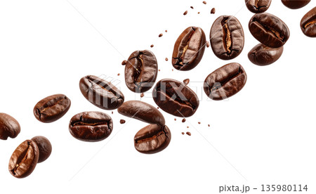 Dry-roasted espresso coffee beans and their fragrant caffeine powder are placed separately on a white background. Dry-roasted espresso coffee beans and their fragrant caffeine powder are placed separately on a white background. 135980114