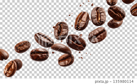 Dry-roasted espresso coffee beans and their fragrant caffeine powder are placed separately on a white background. Dry-roasted espresso coffee beans and their fragrant caffeine powder are placed separately on a white background. 135980114