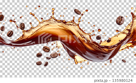 An abstract image of splashing liquids, coffee and milk, with ripples and droplets separated from a white background. An abstract image of splashing liquids, coffee and milk, with ripples and droplets separated from a white background. 135980124