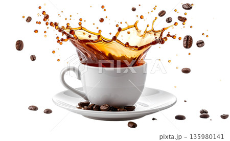 A cup of hot black coffee, topped with roasted coffee beans, on a white saucer. A cup of hot black coffee, topped with roasted coffee beans, on a white saucer. 135980141
