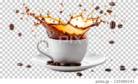 A cup of hot black coffee, topped with roasted coffee beans, on a white saucer. A cup of hot black coffee, topped with roasted coffee beans, on a white saucer. 135980141
